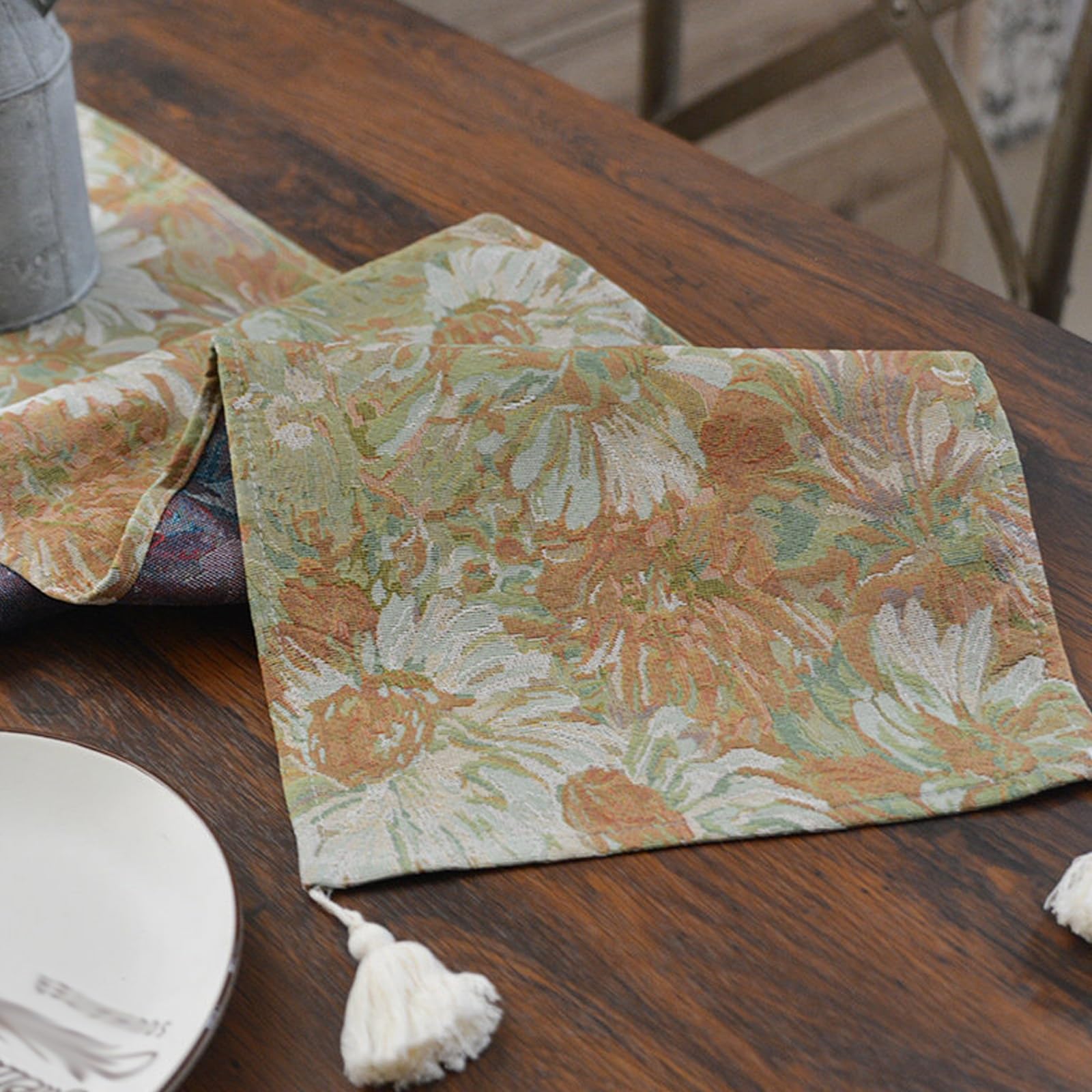 Elegant Floral Table Runner, Vintage Jacquard Table Runner with Cotton Tassels, Luxury Retro Fabric Dresser Scarf for Dining & Coffee Surfaces(Yellow,200cm/78.7in)