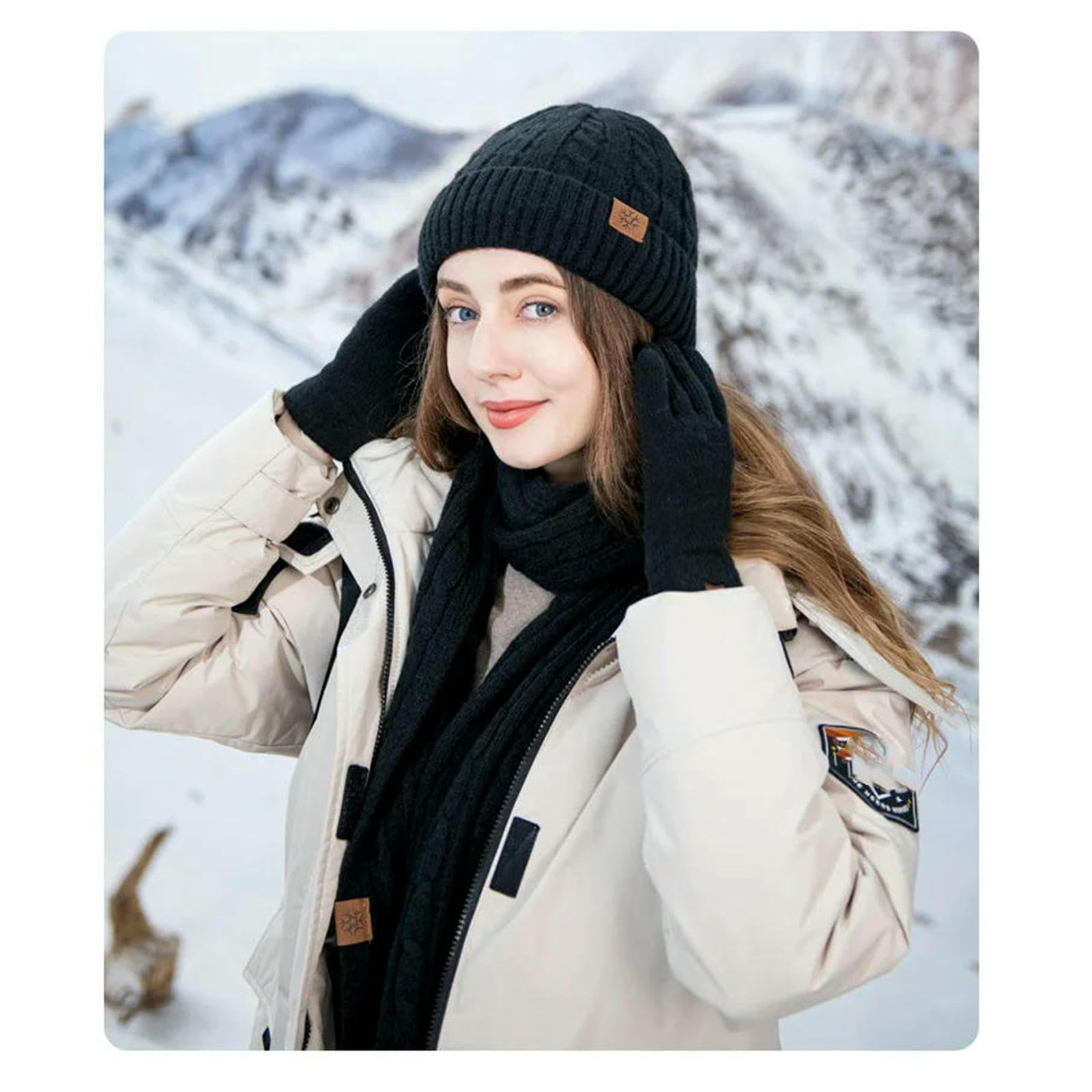 Mütze,Schal & Handschuh-Sets 3pcs Winter Gestrickte Hut Schal Und Handschuhe DREI-stück Set Frauen Kälte-Beweis Warme Für Männer-schwarz