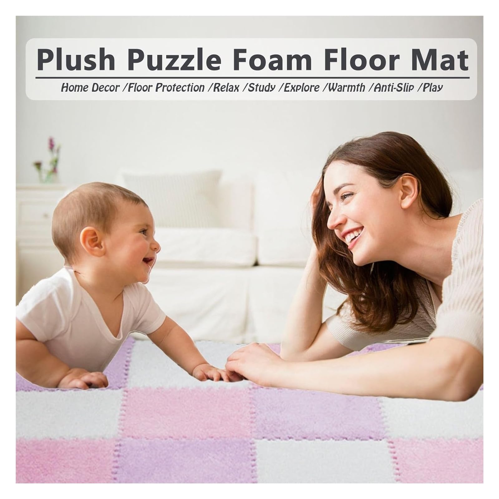 Piankowa mata podłogowa, 150 szt. Łączonych płytek dywanowych, pluszowa piankowa mata podłogowa Puzzle, dywaniki, miękka puszysta mata do zabawy 11,8 cala, Playmat, ochronne płytki podłogowe(Pink+whit