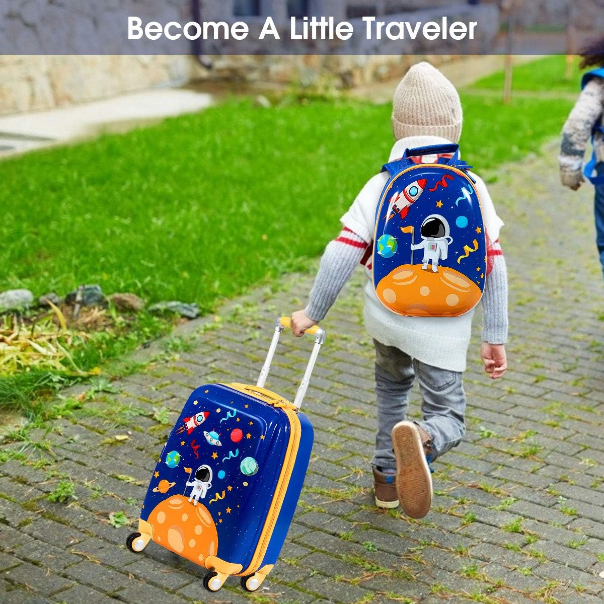 Child pulling the GYMAX suitcase and wearing the backpack outdoors