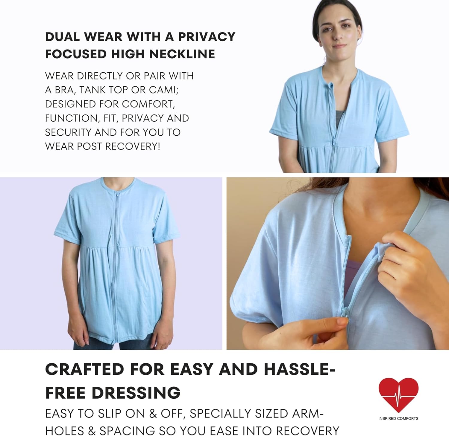 Inspired Comforts Mastectomy Recovery Shirt with Drain Pockets & Fasteners to Hold Drainage Tubes - Image 3