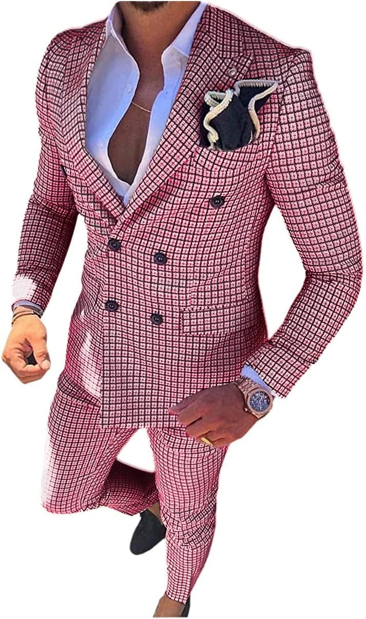 Mens Suit Plaid Double Breasted Flat 2 Piece for Wedding Suit (Blazer +Pants)