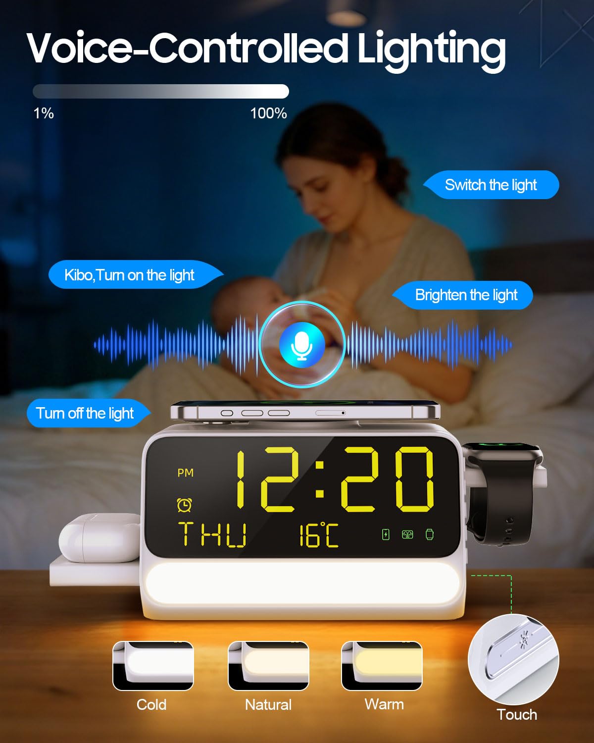 Stazione di ricarica wireless 7-in-1 con sveglia, luce notturna a controllo vocale, temperatura e data, 33W, supporto di ricarica rapida compatibile con telefoni iPhone Samsung, Apple/Samsung Watch