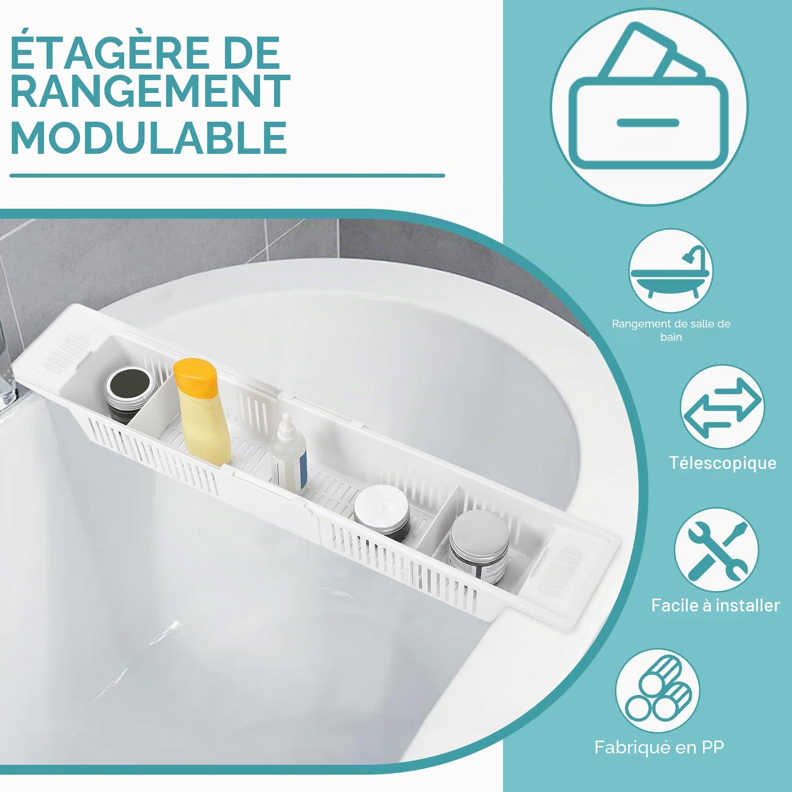 Plateau De Baignoire Rétractable, étagère De Bain Réglable Plateau De Rangement en Plastique Simple Organisateur De Jouets De Bain Panier De Rangement pour Shampooing Gel Douche