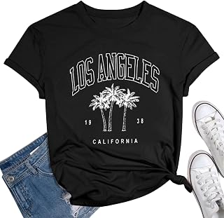 Womens Los Angeles California T-Shirts Funny Letter Printed Vintage Graphic Casual Workout Tops Holiday Tee Shirt