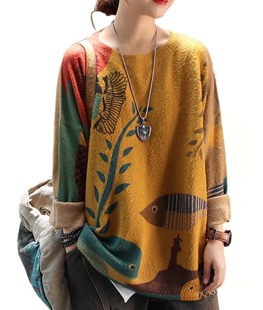 Janein Damen Pullover Oversize Lang Strickpullover Herbst Winter Rundhals Sweater mit Blumenmuster Weihnachtspullover JS01DE
