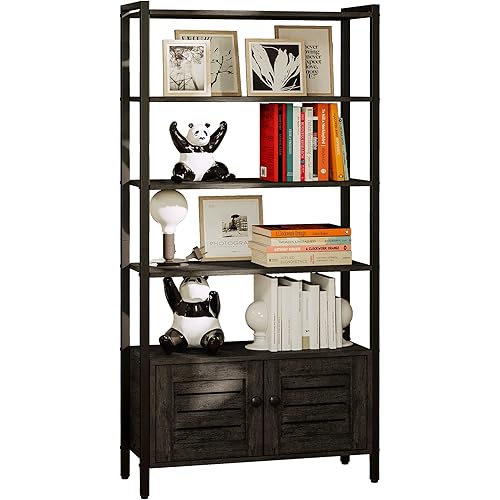 IRONCK Bookshelf and Bookcase with Two Louvered Doors and Four Shelves, 27.6" Wide Standing Storage Cabinet for Living Room, Home Office, Bedroom, Washroom, Charcoal Grey