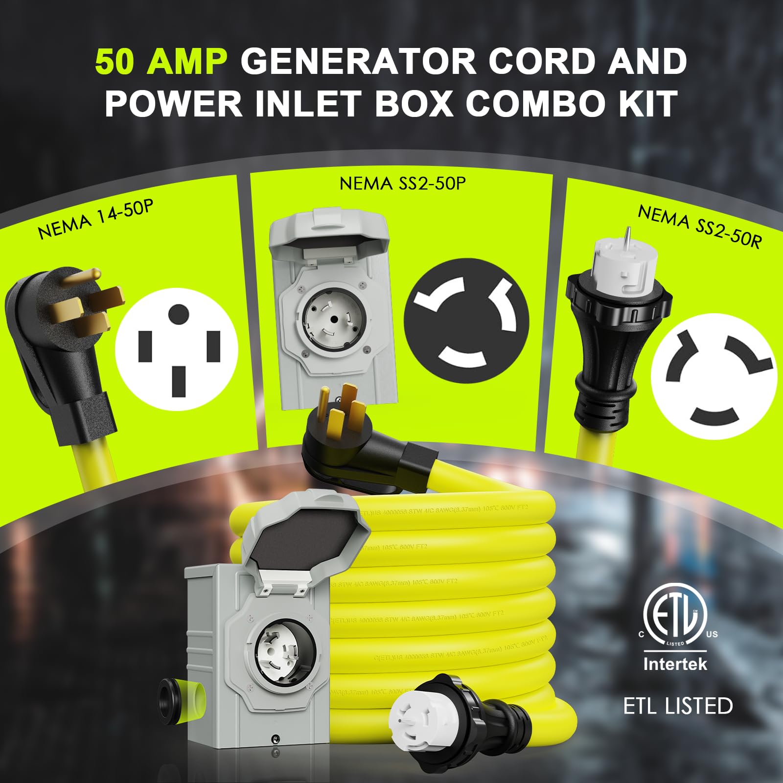 Cable generador de 50 amperios de 20 pies y caja de entrada de energía, NEMA 14-50P macho a SS2-50R conector de bloqueo giratorio de 125/250 V con caja de entrada de generador preperforada