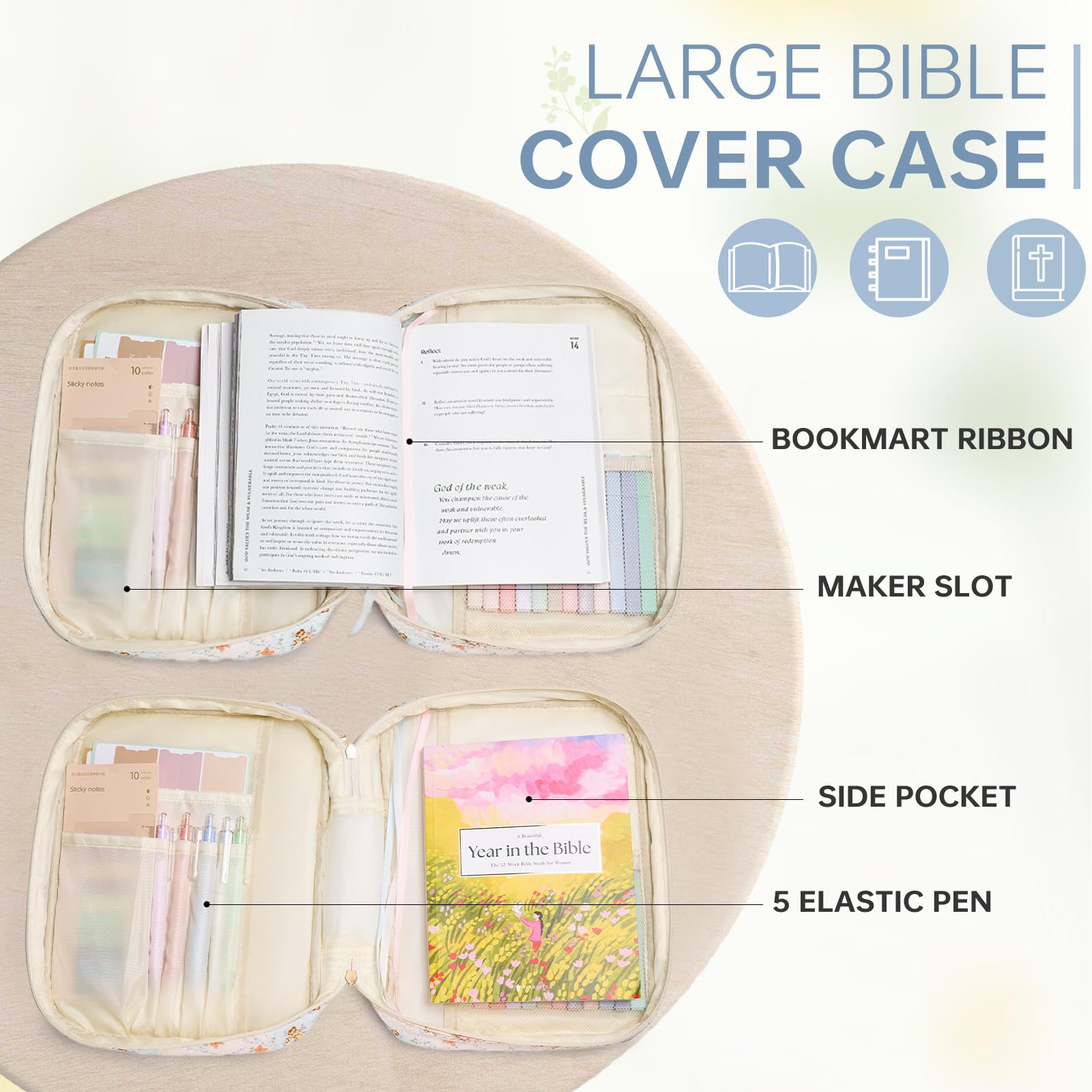 Funda para la Biblia para mujer, funda de bolsa de la Biblia con asa duradera, funda acolchada para transporte de la Biblia para niñas, accesorios de estudio de la Biblia (flor azul)