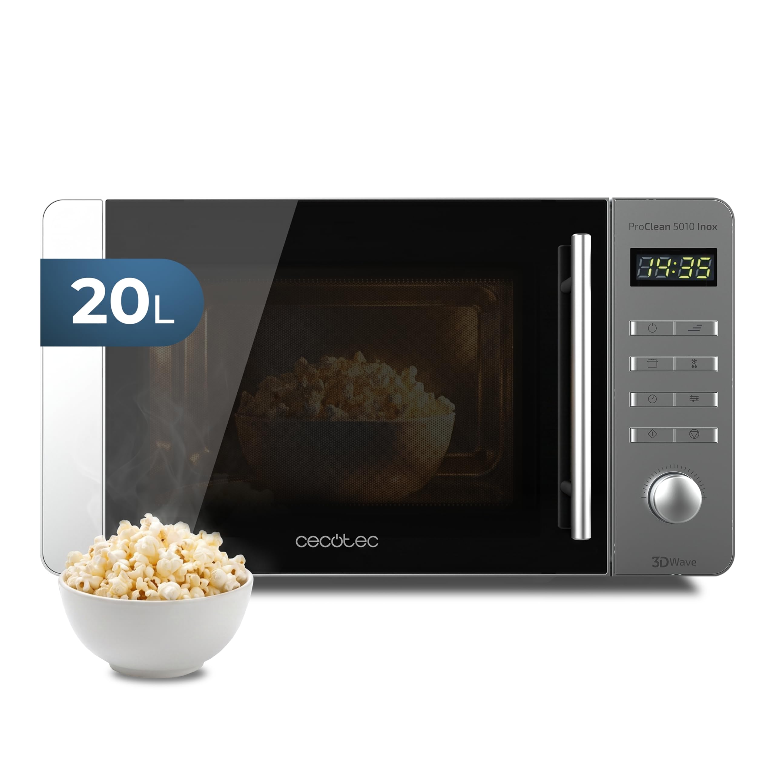 Cecotec Microondas Proclean 5010 Inox Wave. 700 W, Capacidad de 20 L, Revestimiento Ready2Clean, 5 Niveles Funcionamiento, 8 Programas, Tecnología 3DWave, Temporizador, Diseño Frontal y Tirador Inox