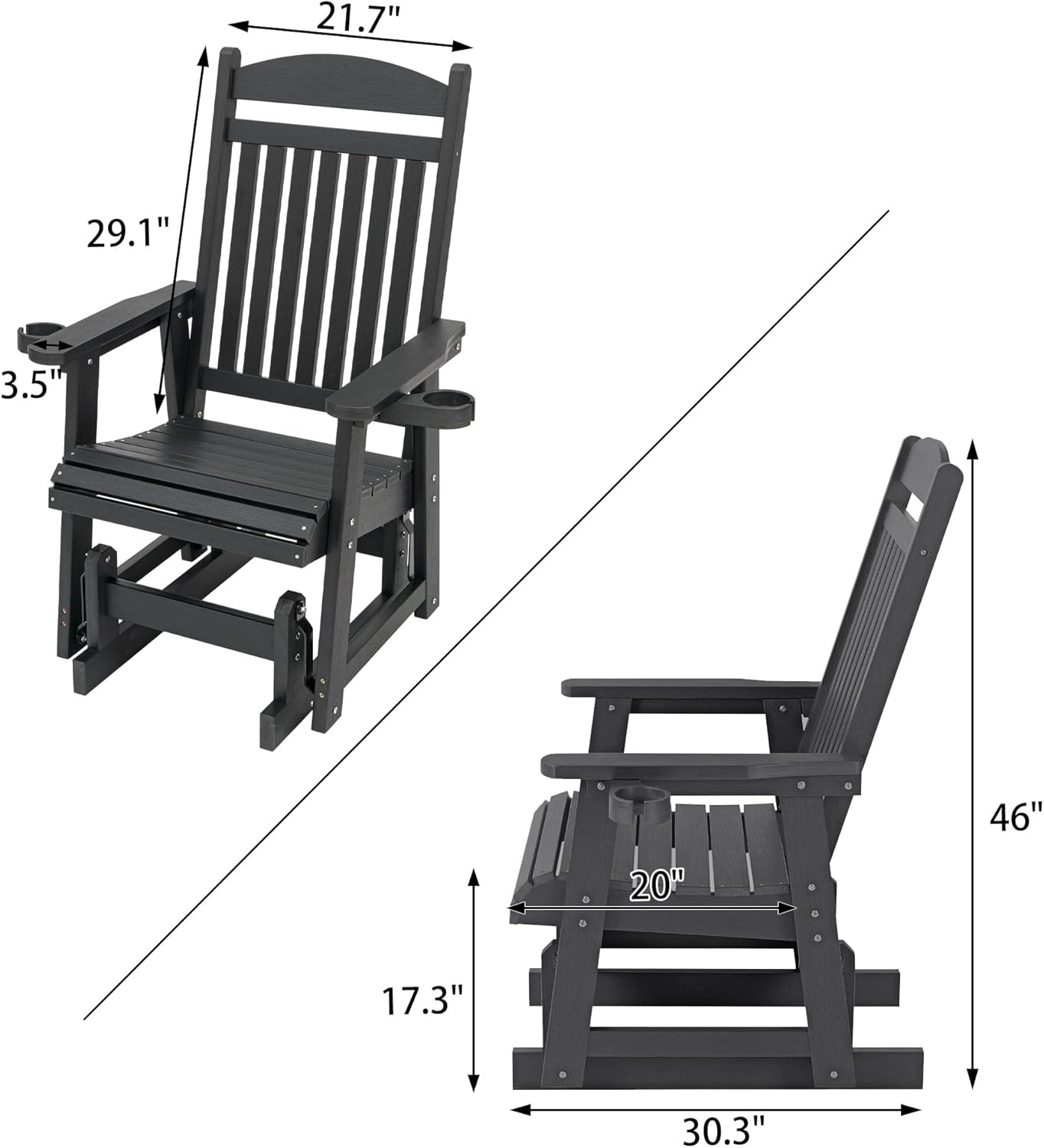 Poly Lumber Patio Glider for One Person, with Cup Holders, High Backrest and Deep Contoured Seat, HIPS Material, All-Weather Resistant, Heavy Duty 700 LBS (Matte Black)