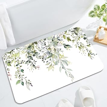 Gibelle Eucalyptus Leaves Bath Mat Rug Super Absorbent Quick Dry Thin Bathroom Rugs Fit Under Door Non Slip Rubber Backed Bathroom Floor Mat for in Front of Bathtub Sink Shower 17"x24", Sage Green
