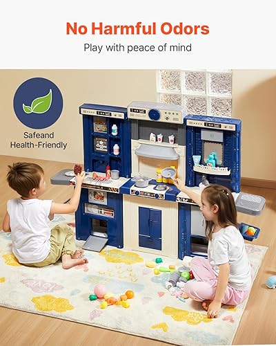 Miniatura 4 de VEVOR Juego de cocina para niños, cocina 3 en 1 con aerosol simulado, sonidos y luces, juego de cocina con 74 piezas de accesorios de cocina