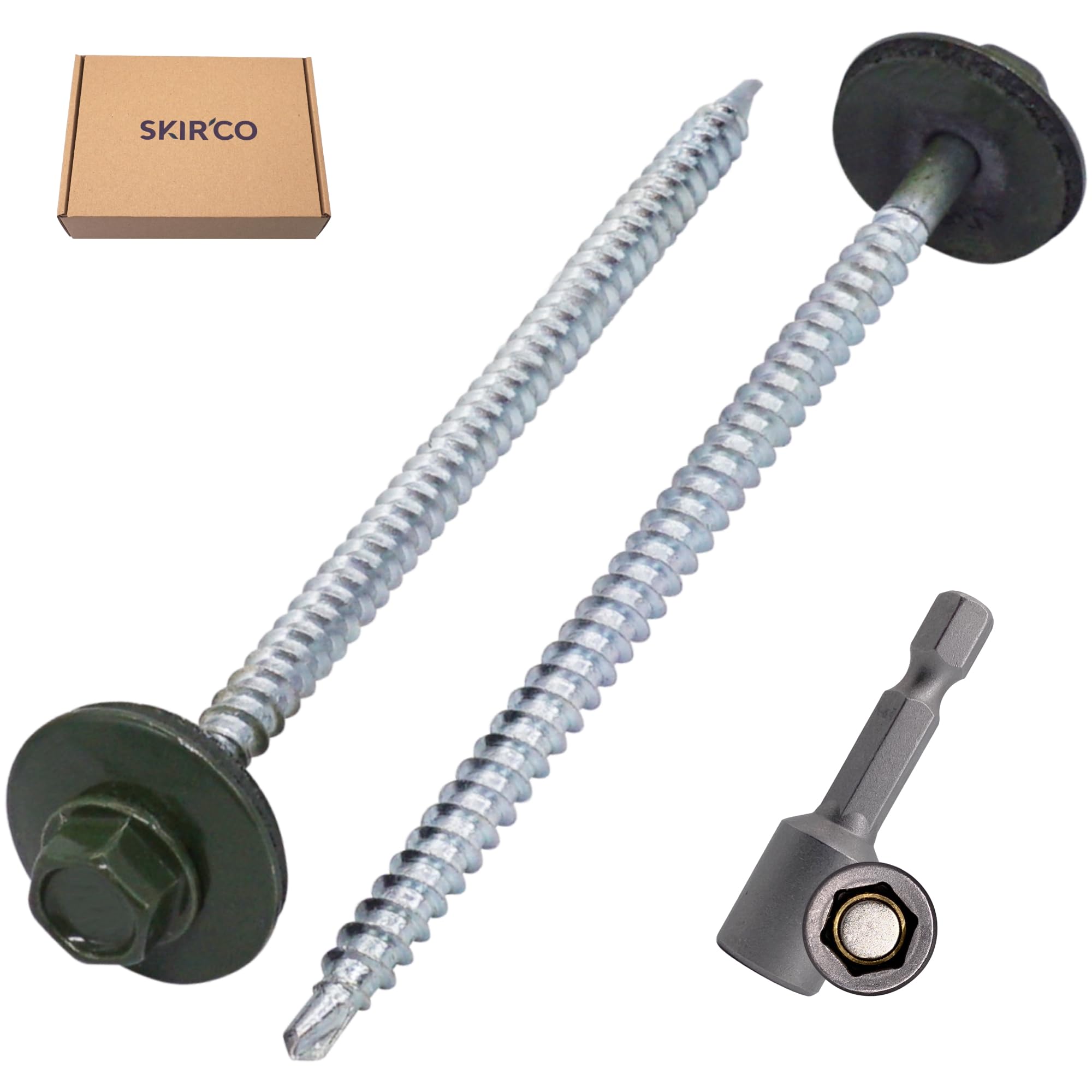 SKIR'CO (100 szt.) Malowane wkręty dachowe 4,8 x 100 mm, z łbem sześciokątnym, wkręty samowiercące z podkładką EPDM (zielony chrom, RAL 6020)