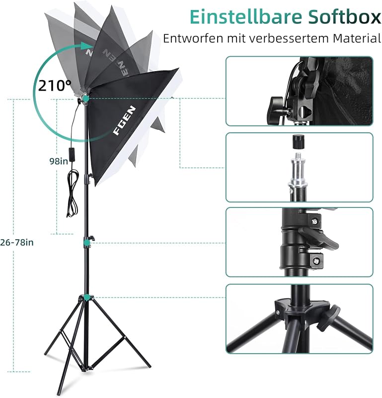FGen Fotóstúdió Szett 2,6x3m Állvánnyal - Pamut Zöld Háttérvászonnal, 135W CFL és 85W LED Lámpákkal, Softbox Szett Termékfotózáshoz, Portréh