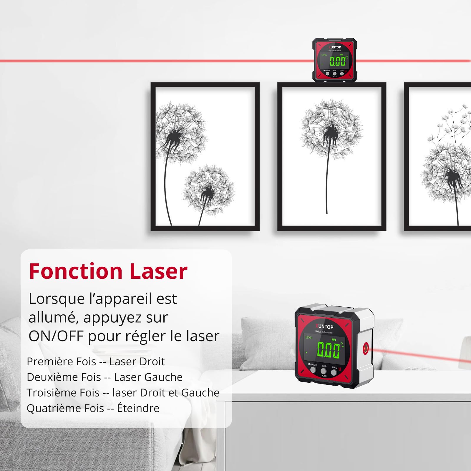 XUNTOP 4*90° Inclinomètre Numérique Rechargeable avec Fonction Laser Écran LCD Étanche IP54 Rapporteur d'Angle Digital 4 Faces Magnétiques Niveau à Bulle pour Menuiserie Travail du Bois Construction