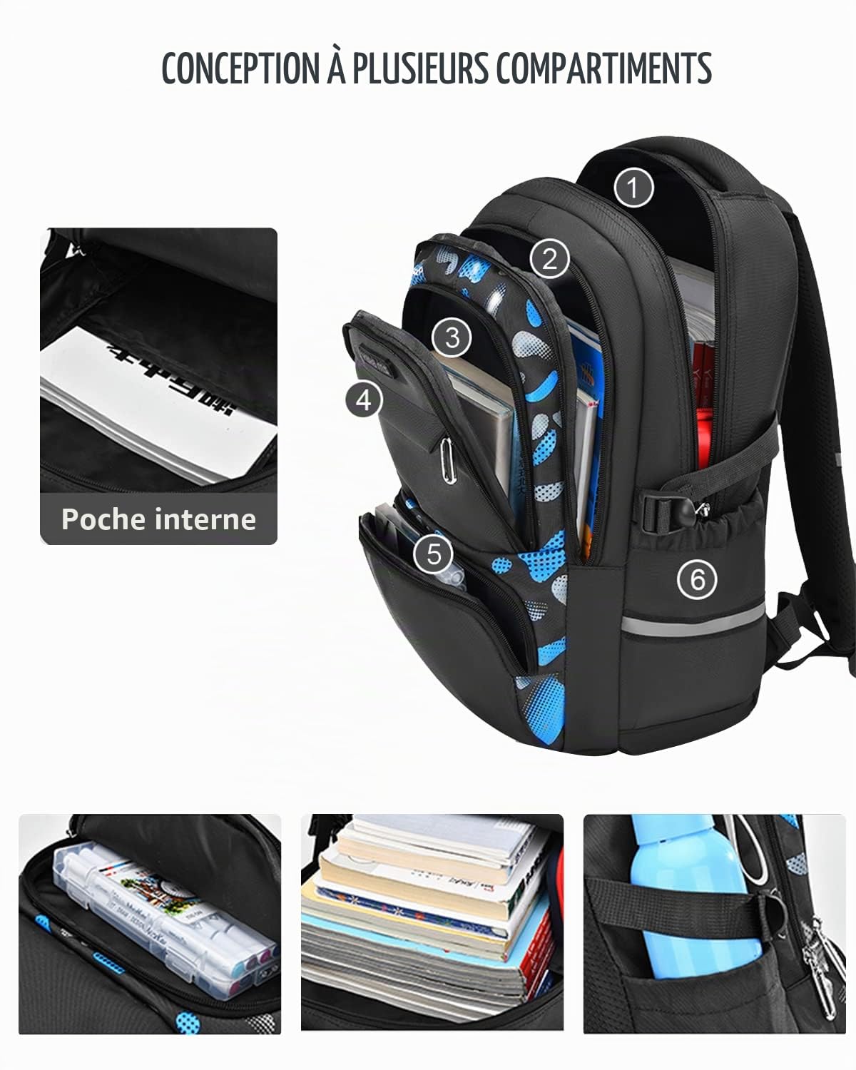 Amythe Sac A Dos Scolaire, Loisir Cartable Garçon Primaire Secondaire, Sacs à Dos Ordinateur 15.6 Pouces, Sac D'école Enfant Mode en Imperméable Idéal pour L'école et Les Voyages