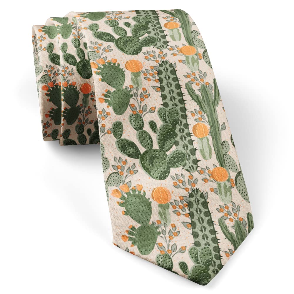 Skinny Slim Fashion Necktie for men Novelty Conversational Neckwear Ties (Green Succulent Cactus Orange Pattern), As Shown, Large