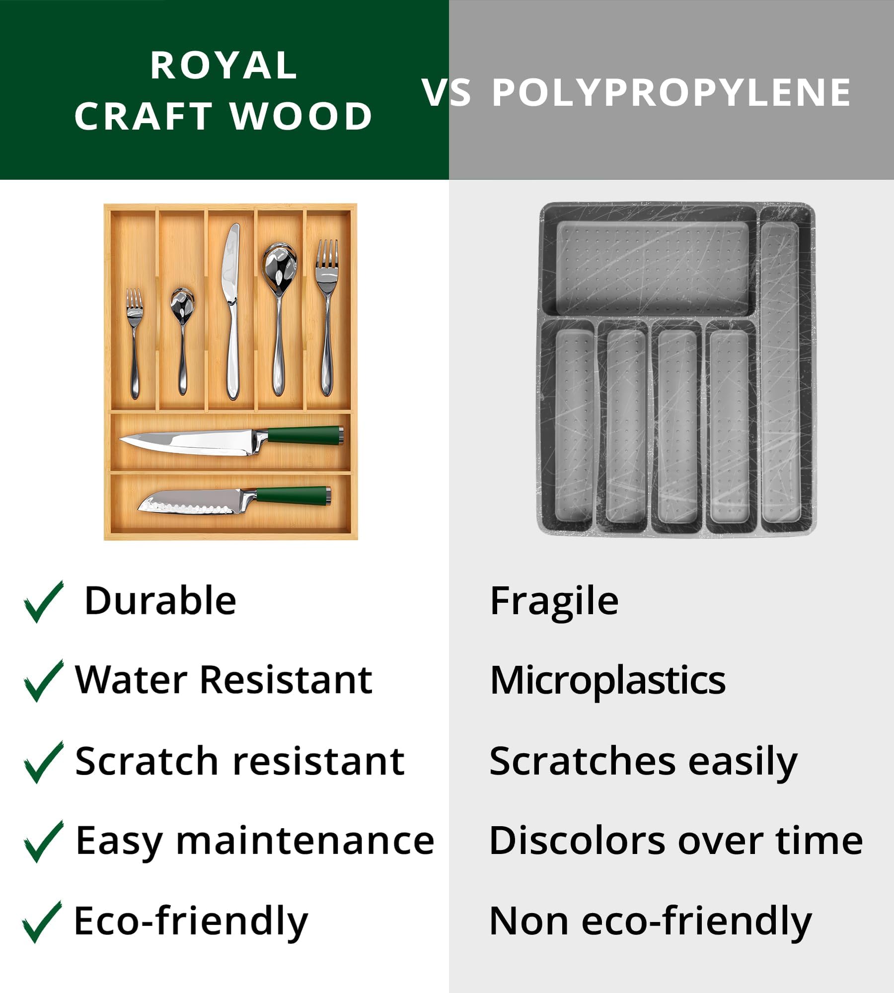 ROYAL CRAFT WOOD Luxury Bamboo Utensil Rack and Silverware Organizer, Kitchen Drawer Organizer - Utensil Holder and Cutlery Tray with Grooved Drawer Dividers for Flatware 7 Slot, Natural