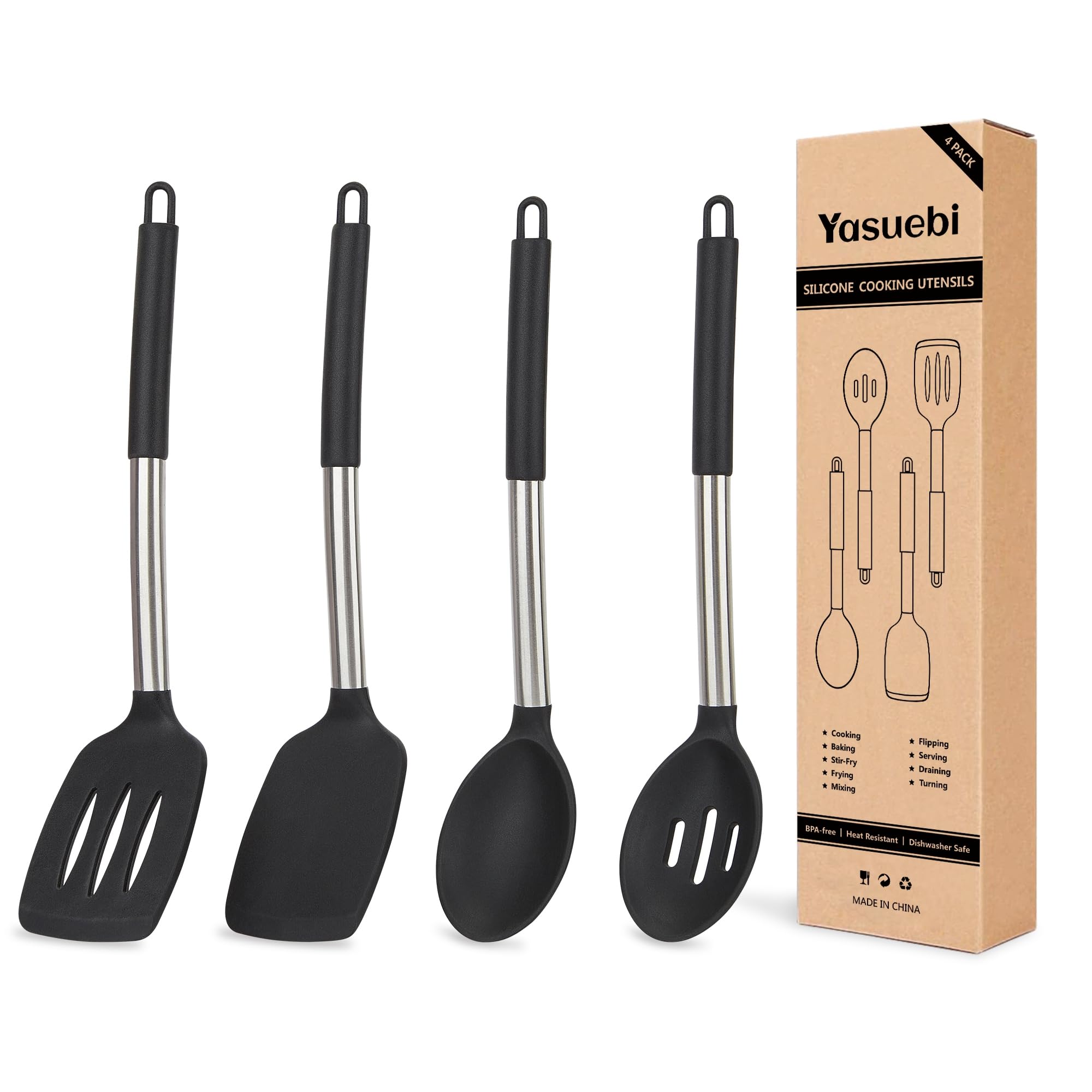 Set di 4 utensili da cucina, set per pentole antiaderenti, perfetti per cuocere e mescolare, set di spatole senza BPA, lavabili in lavastoviglie, nero