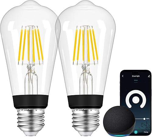 PALULU Smart ST64 - Bombilla LED de filamento Edison vintage, 2700 K, 6 W (equivalente a 60 W), regulable, base E26, control con aplicación,
