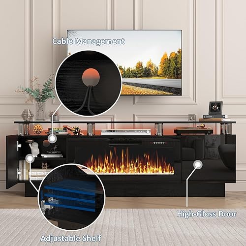 Miniatura 3 de PUKAMI - Soporte de TV con chimenea de 70 pulgadas, con chimenea eléctrica de 36 pulgadas, centro de entretenimiento con luz LED y almacenamiento,