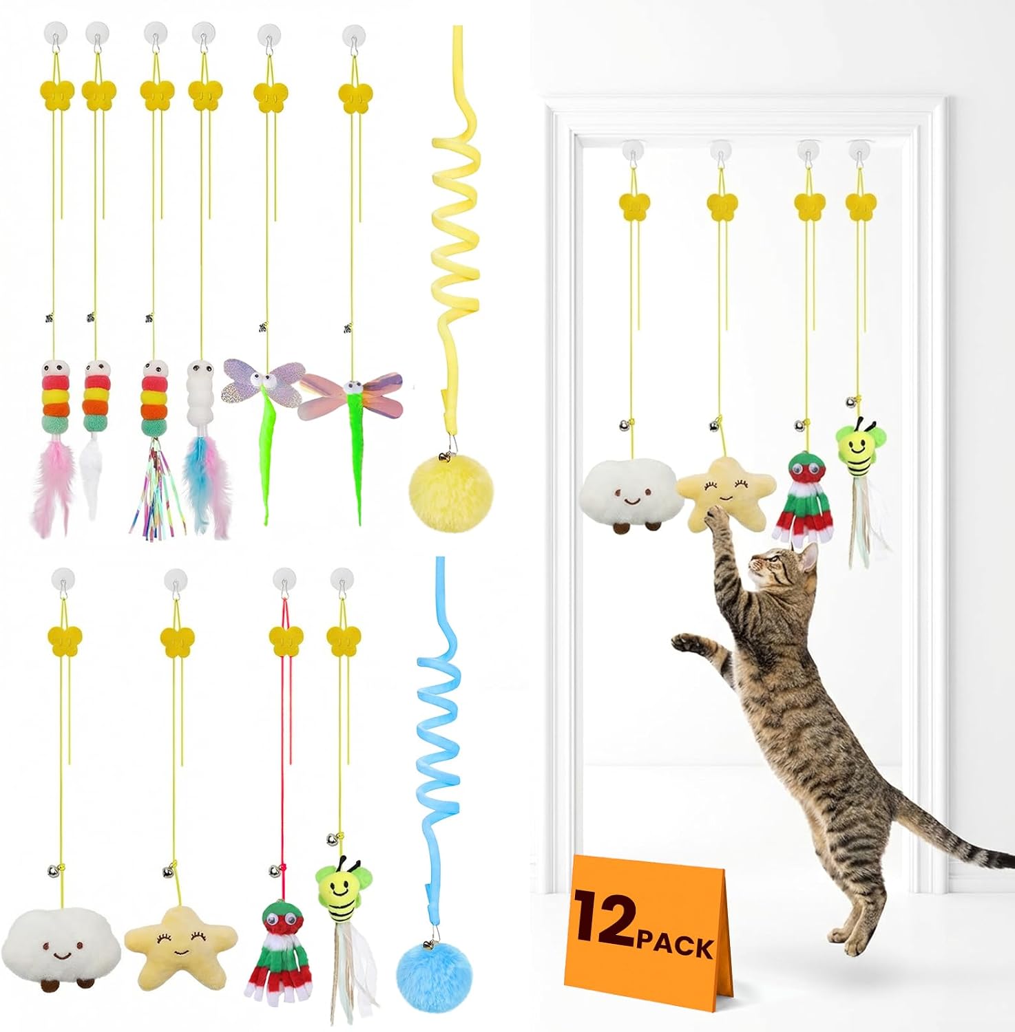 12 Pack Hanging Cat Toy for Bored Indoor Cats - Interactive Cat Toy Set with Cat Wand Toy Styles, Cat Feather Toy Refills & Essential Cat Toys for Indoor Cats for Play and Exercise