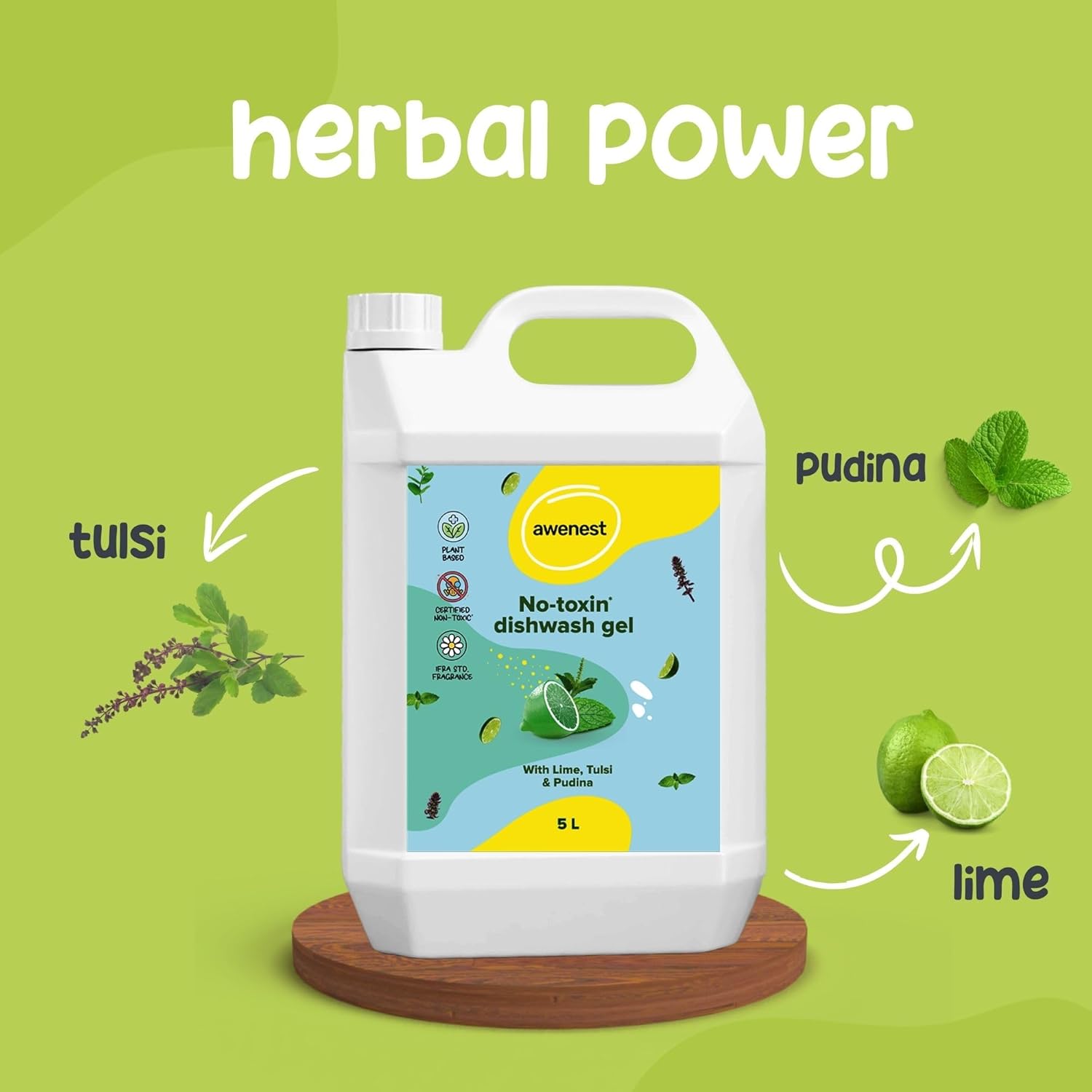 No-Toxin Organic Dishwash Liquid Gel | Soft on Hands, Tough on Grease | No-toxins, Natural, Herbal, Eco-friendly, Plant-based | Lime, Tulsi, Pudina | Baby,Safe Pet Friendly | 5 Liter