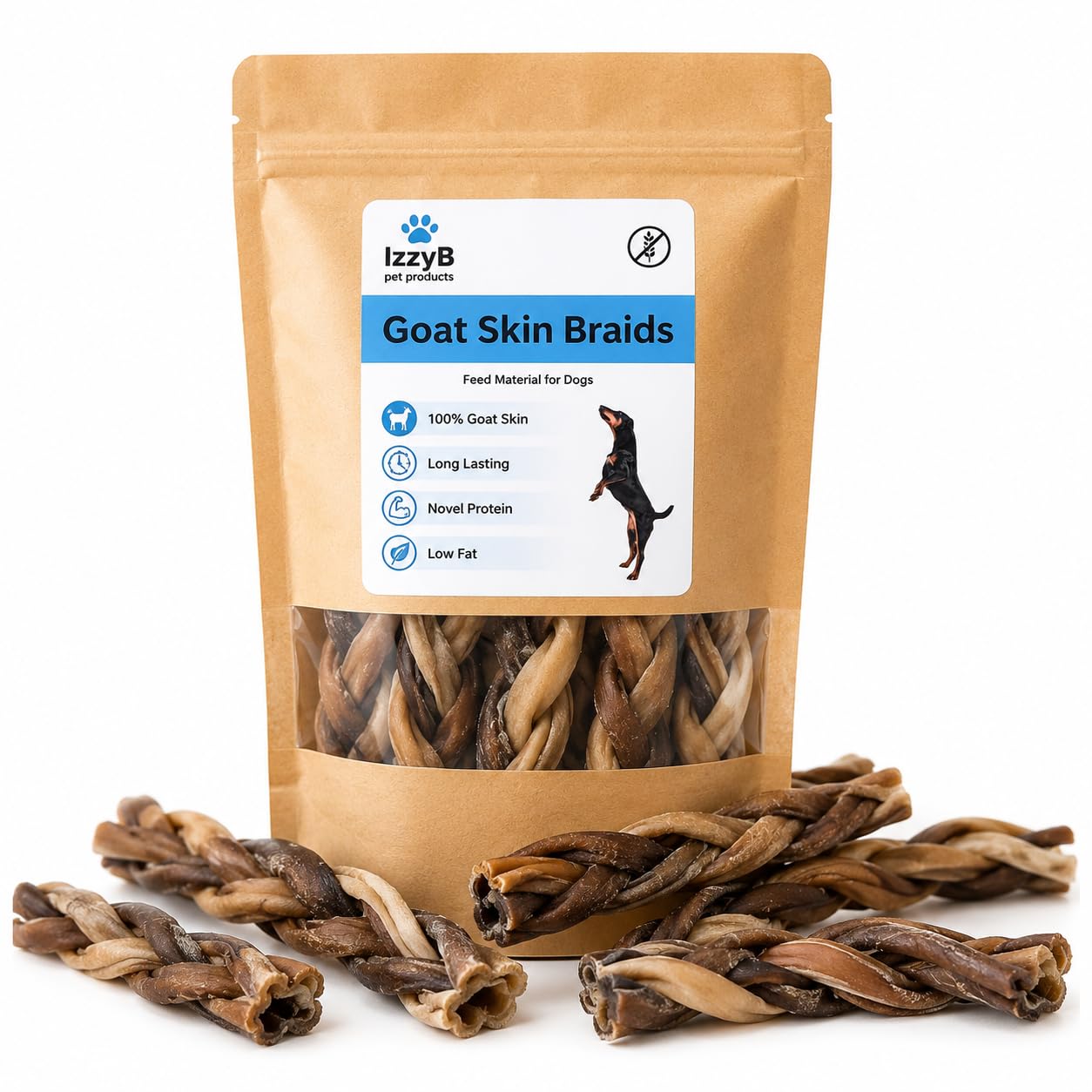 IzzyB Pet Products Natural Skin Braids for Dogs โ Goat & Lamb Braids | Long Lasting Natural Dog Chews | High Protein Novel Treats (15 Pack, Goat)