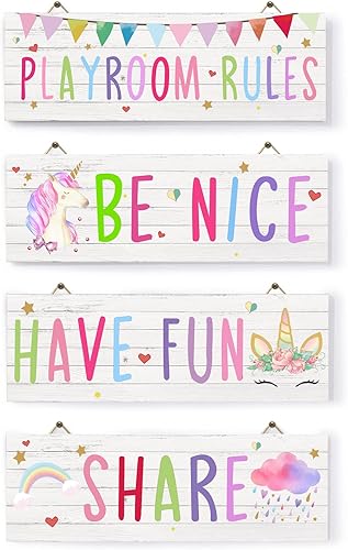 Decoración de sala de juegos para niñas – Decoración de pared de unicornio mágico para sala de juegos de arco iris, letrero de madera colgante de