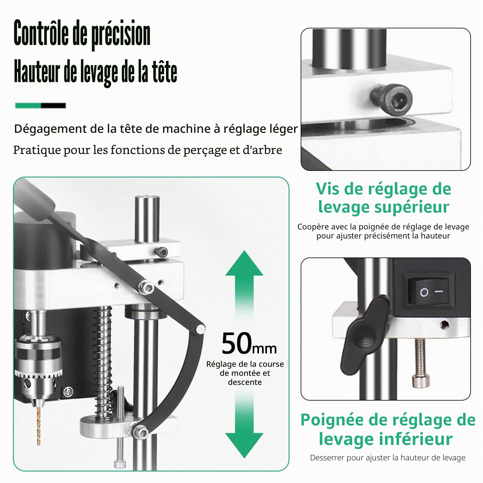 Perceuse à colonne 250 W Mini perceuse d'établi 7 vitesses réglables Mandrin 0,3-4 mm 50 mm Hauteur réglable Métal, bois, acrylique, aluminium