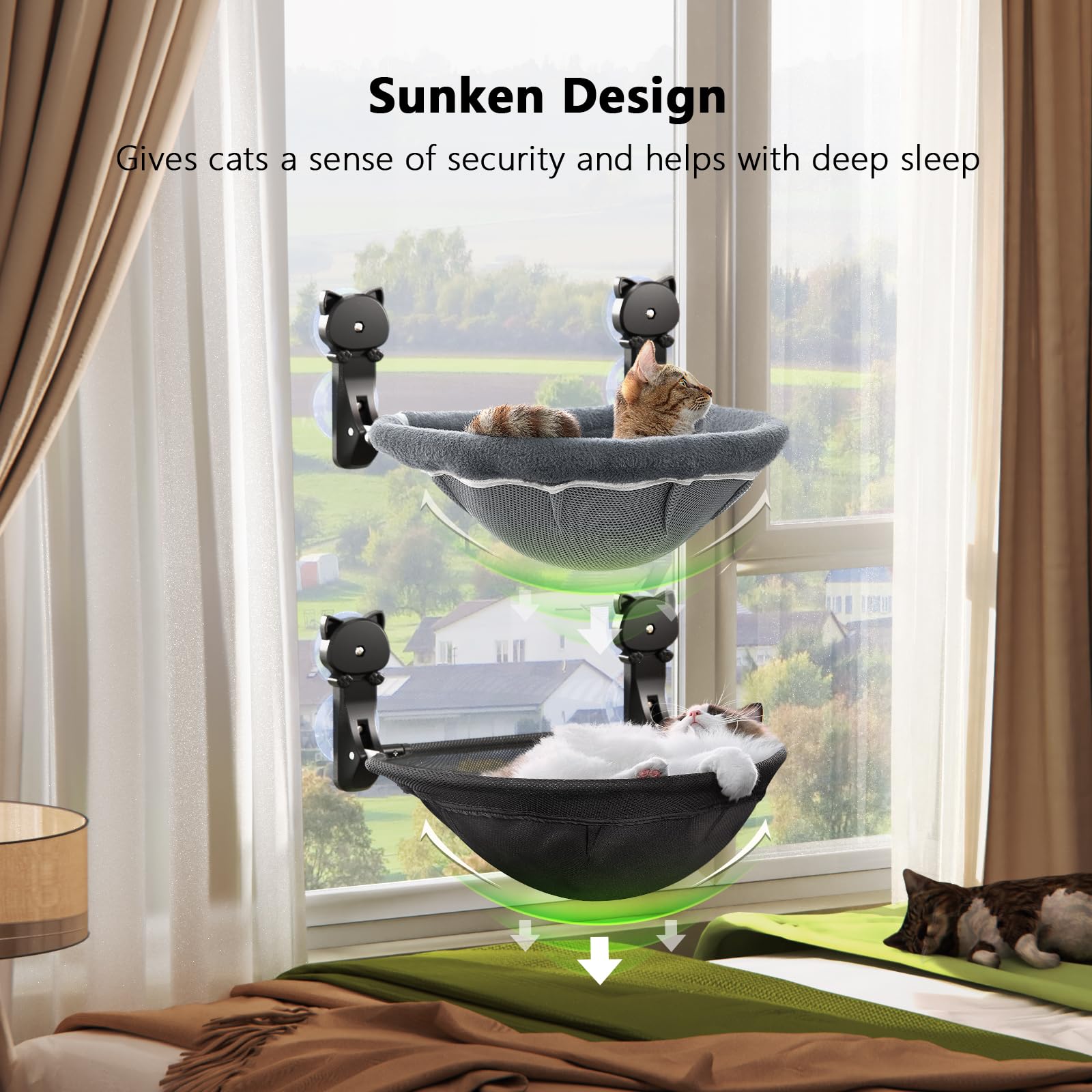 JUNSPOW Paquete de 2 perchas para ventana de gato inalámbricas, hamaca para gatos con diseño hundido, camas plegables y estables, hamaca transpirable para ventana de gato para pasar por alto, tomar el