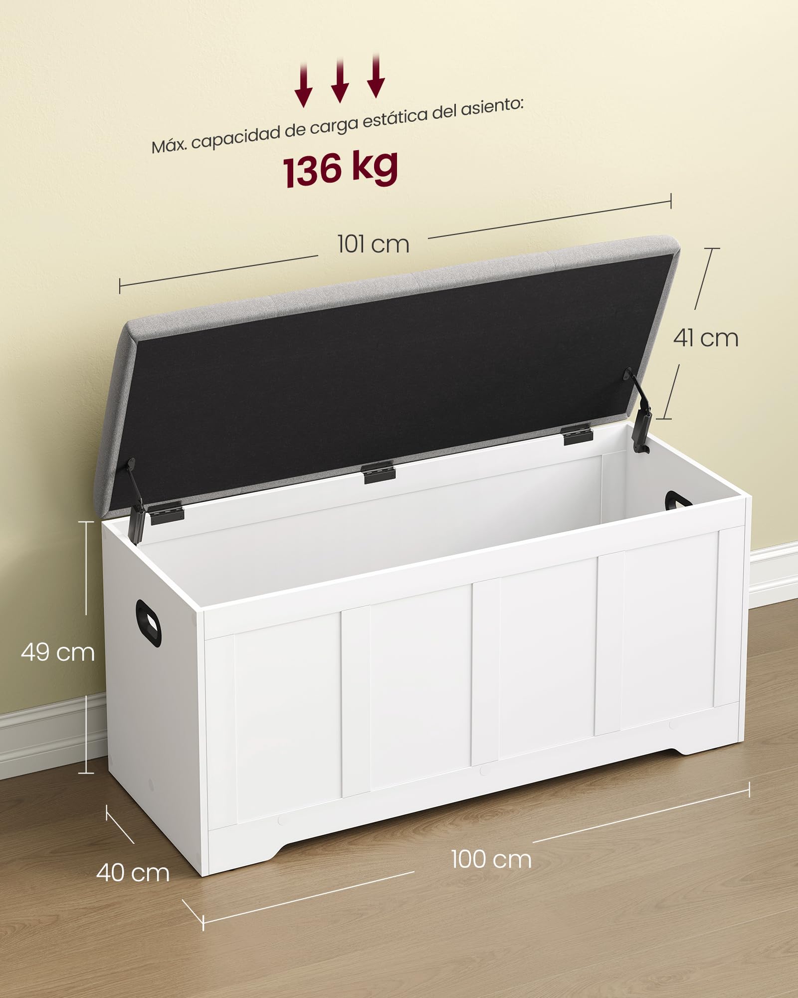 VASAGLE Banco Arcón con Tapa, 2 Bisagras de Seguridad, Banco Zapatero, Estilo Rústico, para Recibidor, Dormitorio, Salón, 41 x 101 x 49 cm, Blanco Mate y Gris Paloma LSB068W101