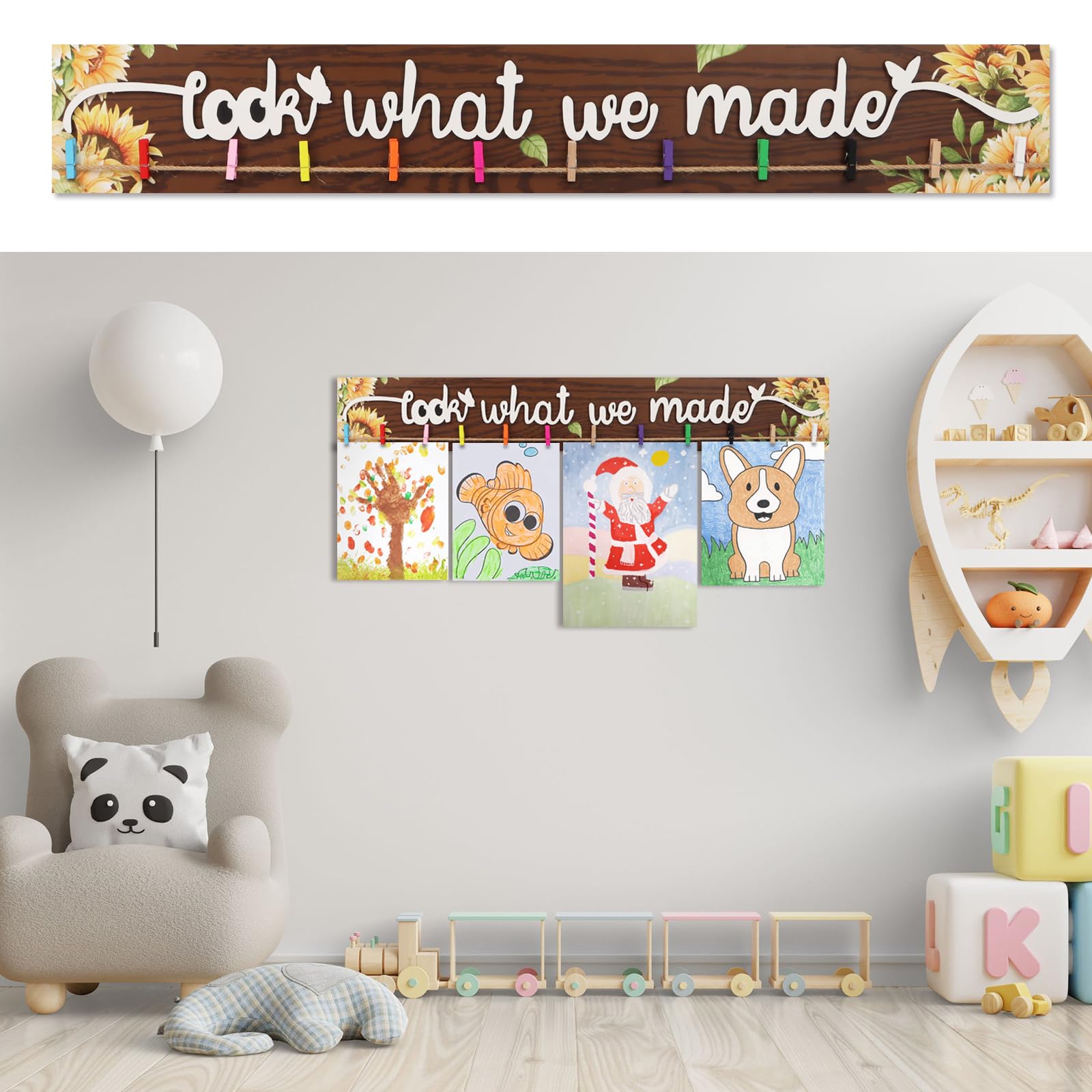Anyzal Look What We Made Sign with Clips, Sunflower Artwork Display Kid Art Photo Hanging Display Children's Artwork Board, 36x5.4in Kids Art Display for Wall, Gift for Kids Children