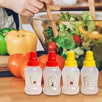 4Pcs Mini Ketchup Bottles, 25ml Refillable Condiment Squeeze Bottle Salad Dressing Tomato Bento Box Mayo Syrup Containers Condiment Squeeze Bottles Dinnerware and Serveware