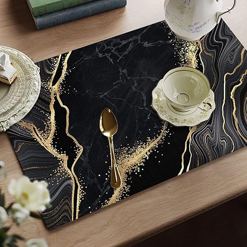 Miniatura 3 de Juego de 4 manteles individuales de mármol con textura dorada y negra, lavables de vinilo tejido para cocina, mesa de comedor, banquete de