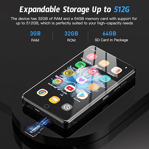 Miniatura 5 de 96GB Android 13 reproductor MP3 con Bluetooth y WiFi, 4.02 "IPS HD pantalla táctil reproductor MP4