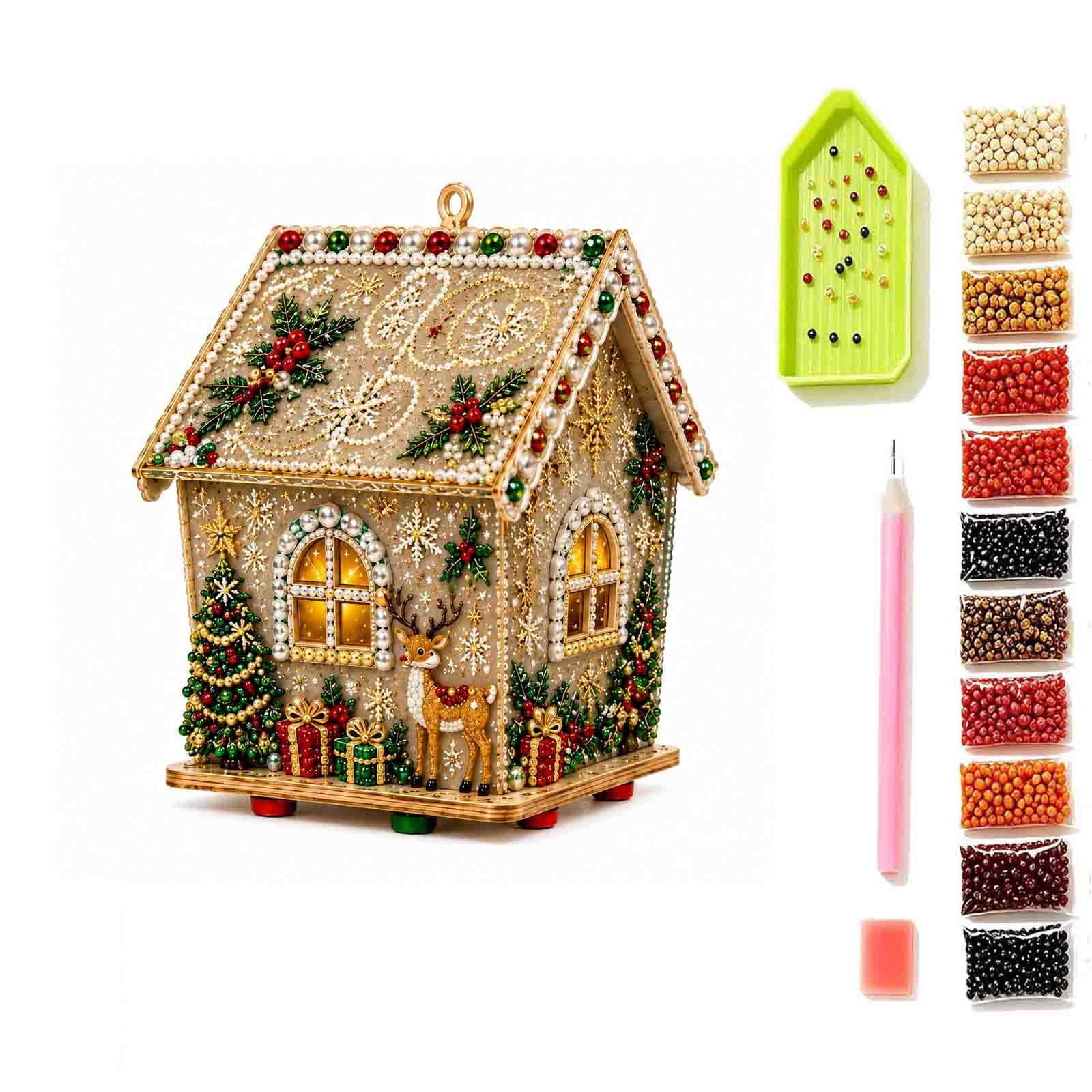 3D Christmas Wooden House Pearl Art Craft Kit, for DIY Enthusiasts，F