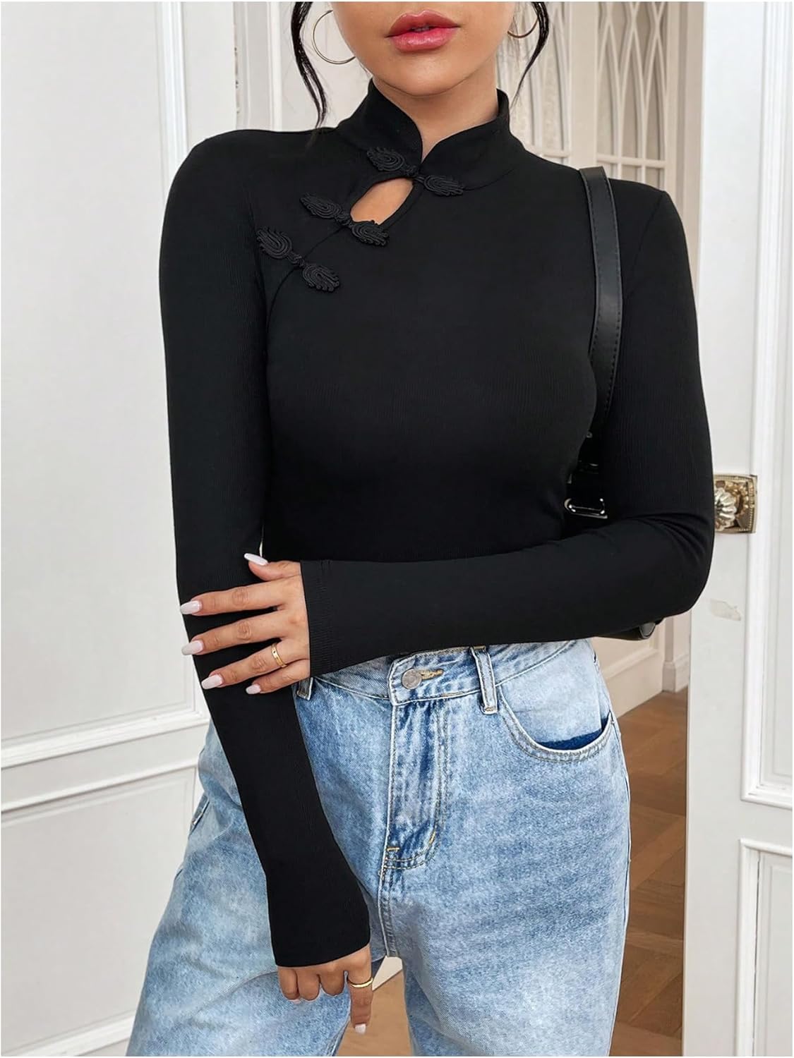 SweatyRocks Women's Long Sleeve Knit Ribbed Cheongsam Button up Mock Neck Tops - Image 4