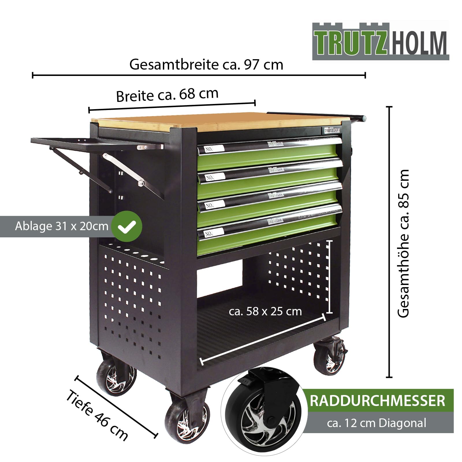 TRUTZHOLM Werkstattwagen Profi Compact unbestückt Breite gesamt inkl. klappbaren Seitenablage 97 cm Massive Holzplatte mit 4 Schubladen, Stauraum Lochwand 4 Rollen Montagewagen Werkzeugwagen