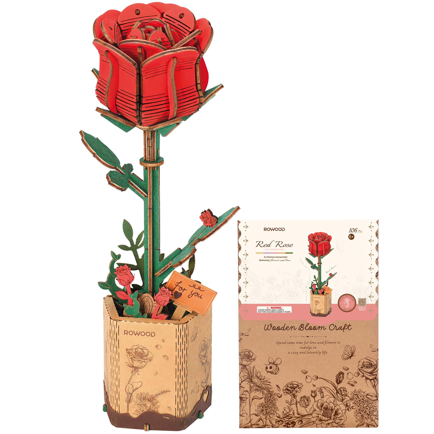 rowood 3D Puzzle Rote Rose, DIY-Blume Aus Holz, Modellbausätze Für Künstliche Blumen Zum Zusammenbauen Für Erwachsene, Beste Heimdekoration Und Valentinstags-Spielzeug-Geschenkset
