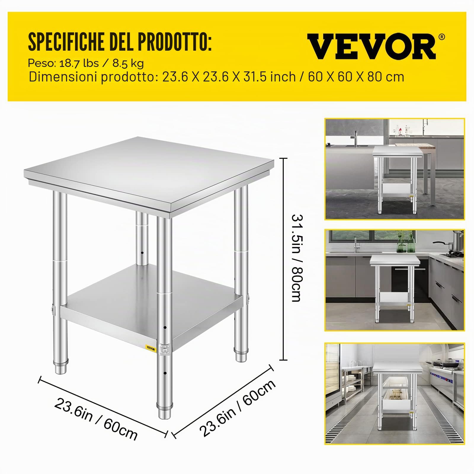 VEVOR Tavolo da Lavoro in Acciaio Inossidabile, 60 x 60 x 80 cm, Piano di Lavoro a 2 Ripiani, Tavolo per Preparazione di Pasti, Cucito, Lavaggio, Artigianato, Garage