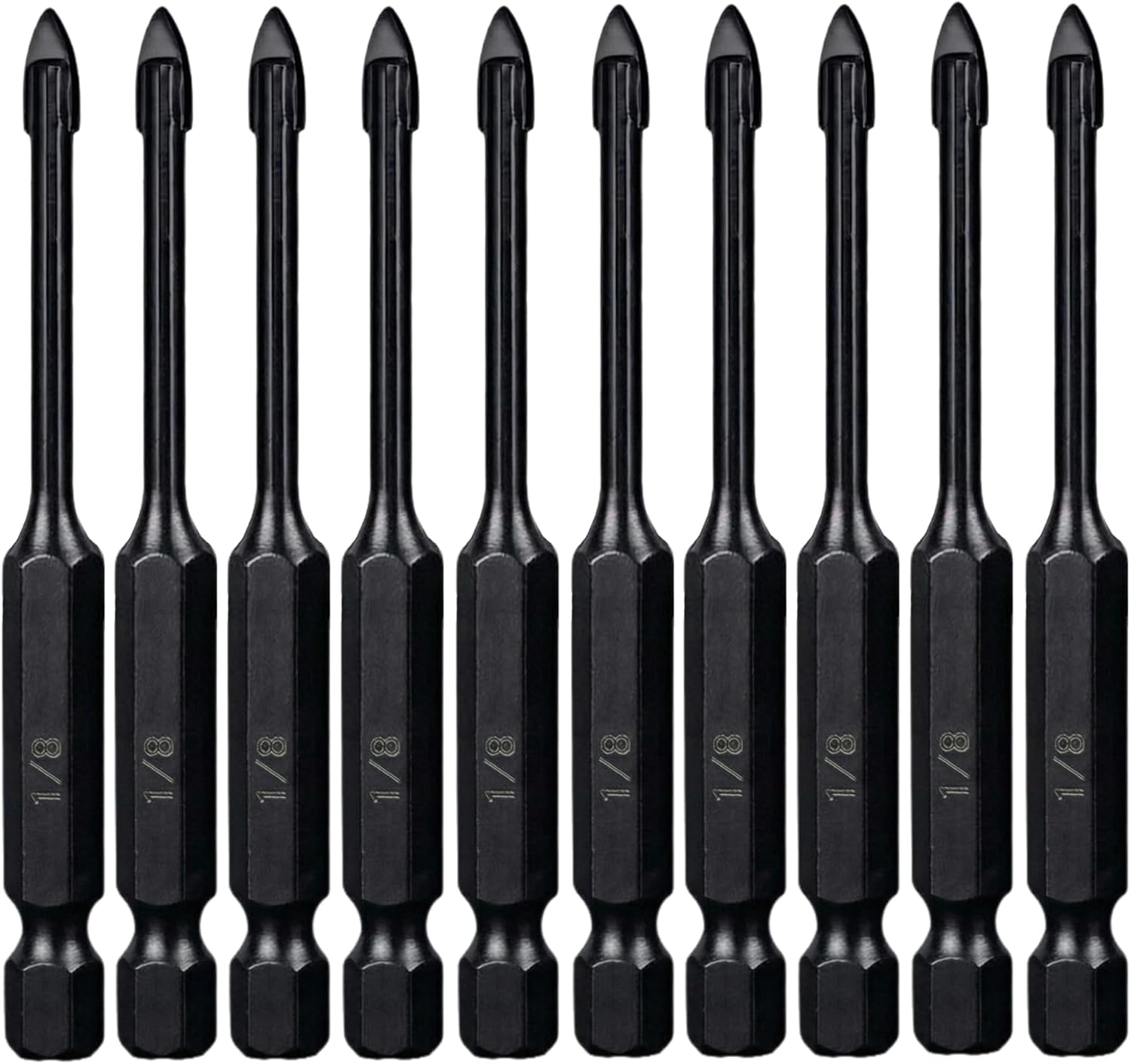 Hymnorq 1/8 Inch Glass and Tile Drill Bit 10pc Set, YG6X Tungsten Carbide Tipped Spear Cutter, 1/4 Hex Shank, Painted Surface, for Drilling Ceramic Mirror Wood Porcelain Brick Wall Bottle