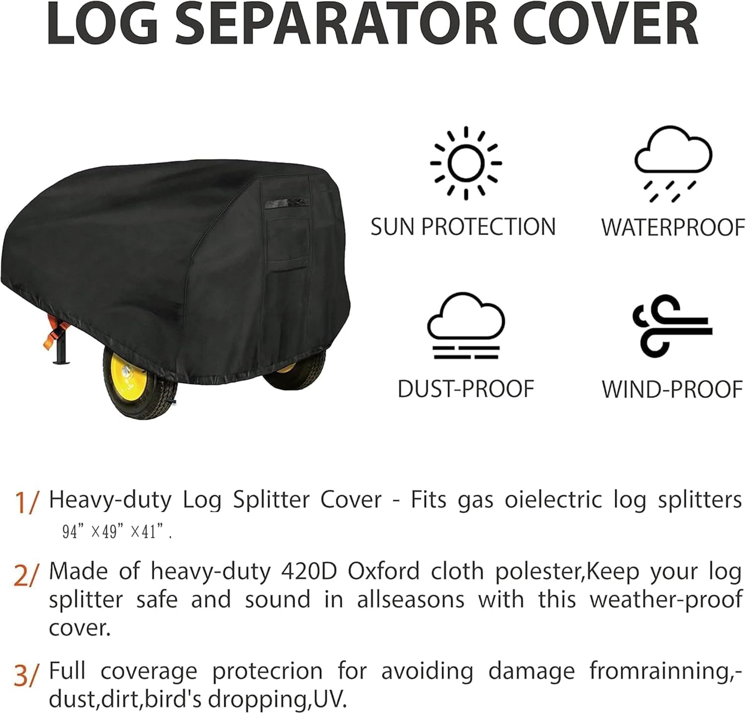 Heavy Duty Log Splitter Cover, Waterproof Oxford Cloth, for 15-45 Ton Gas or Electric Log Splitters, 94" x 49" x 41", Weather Resistant Storage Cover, Easy to Clean, Black