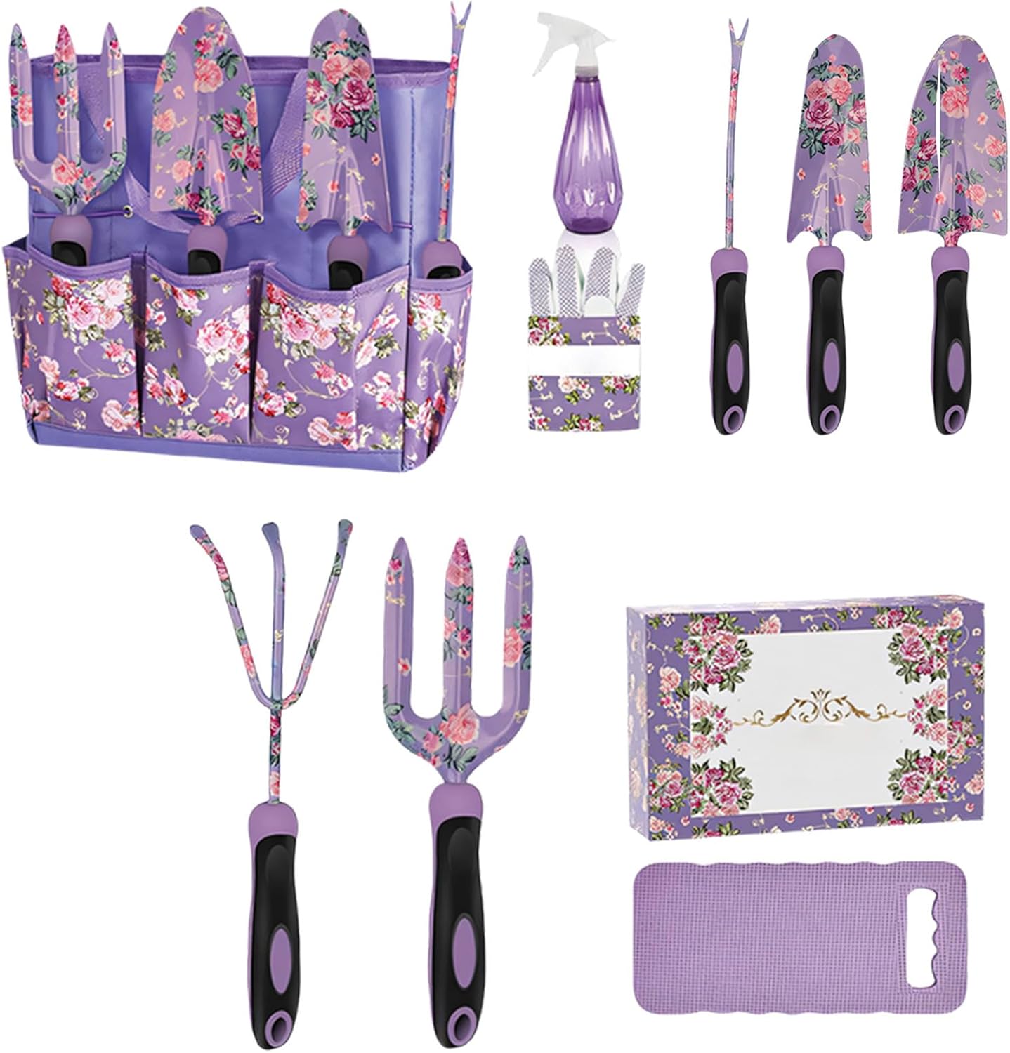 Complete 10 Piece Garden Tool Set in Floral Design with Strong Oxford Storage Bag Perfect for Landscaping Tool Set