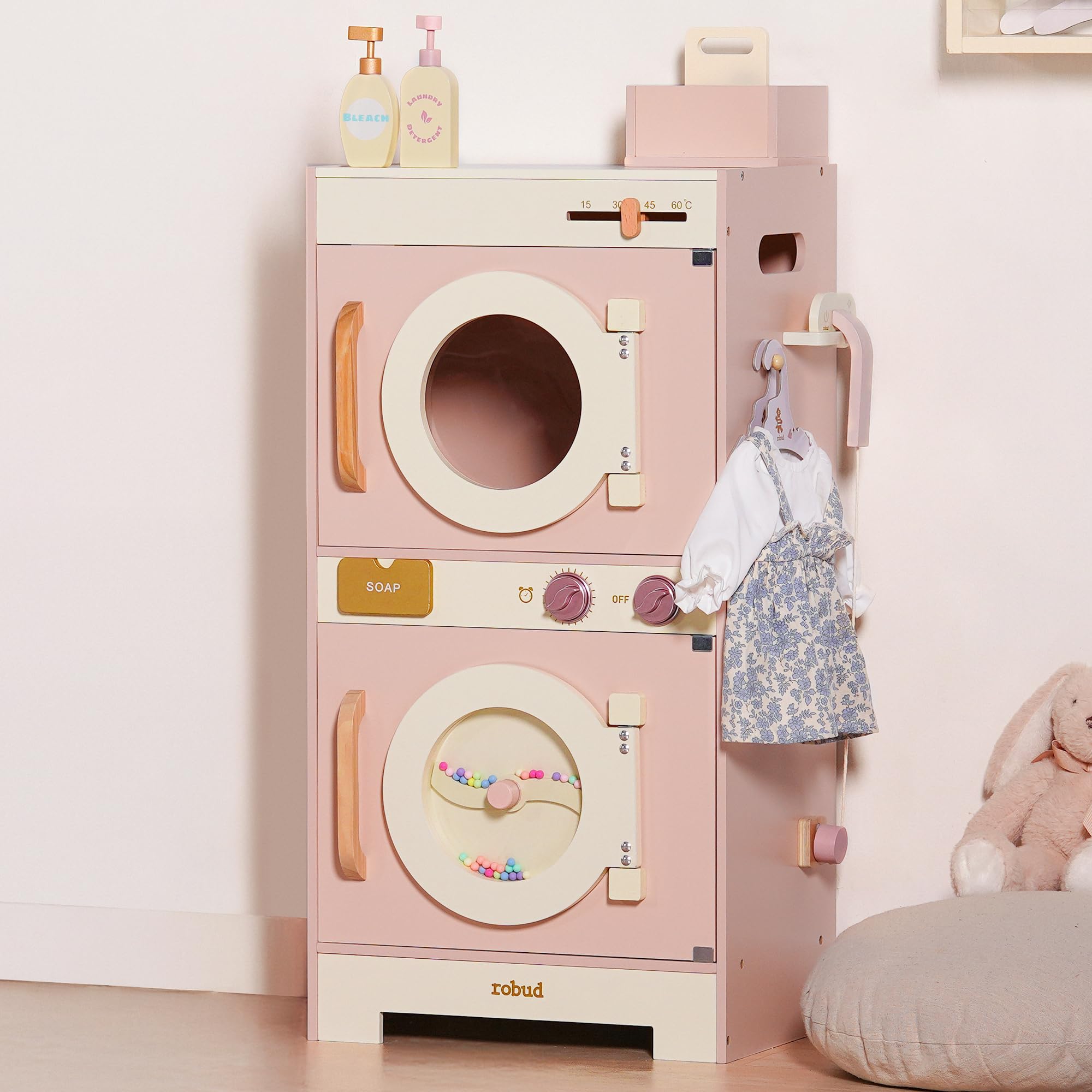 ROBUD Kinder Waschmaschine Set aus Holz: Spielküche Spielzeug, 2-in-1 Spielwaschmaschine Trockner Set, Rollenspiel Küchenspielzeug mit Bügeleisen, Kleiderbügel, Seife, Geschenk für Kinder ab 3 Jahren