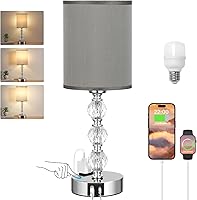 Vista 9 de Lámparas de Mesita de Noche Táctiles Grises para Dormitorios - Lámpara de Mesa de Cristal con Puerto de Carga USB C+A y Toma de Corriente, Lámpara