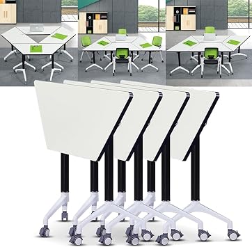 Foldable Conference Room Table 4Pcs, White Conference Table with Silent Caster, Trapezoidal Modular Meeting Tables Flip Top Mobile Trainning Table for Office, Meeting Room