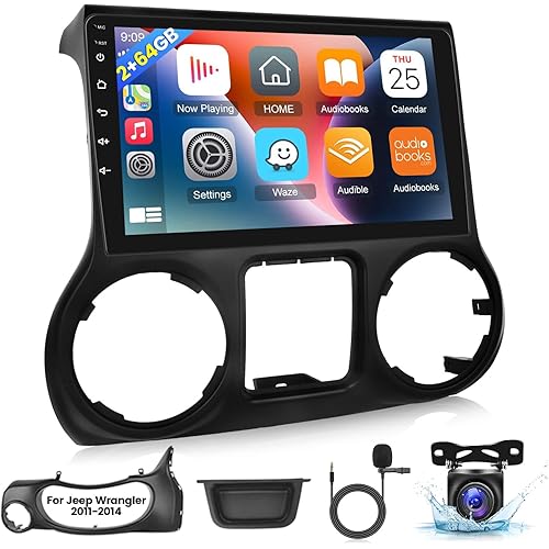 [2+64G] Android Car Radio for Jeep Wrangler 2011-2014 with Apple Carplay and Android Auto - 10.1 Inch Touchscreen Car Stereo Support GPS WiFi Bluetooth FM RDS + AHD Backup Camera + Mic