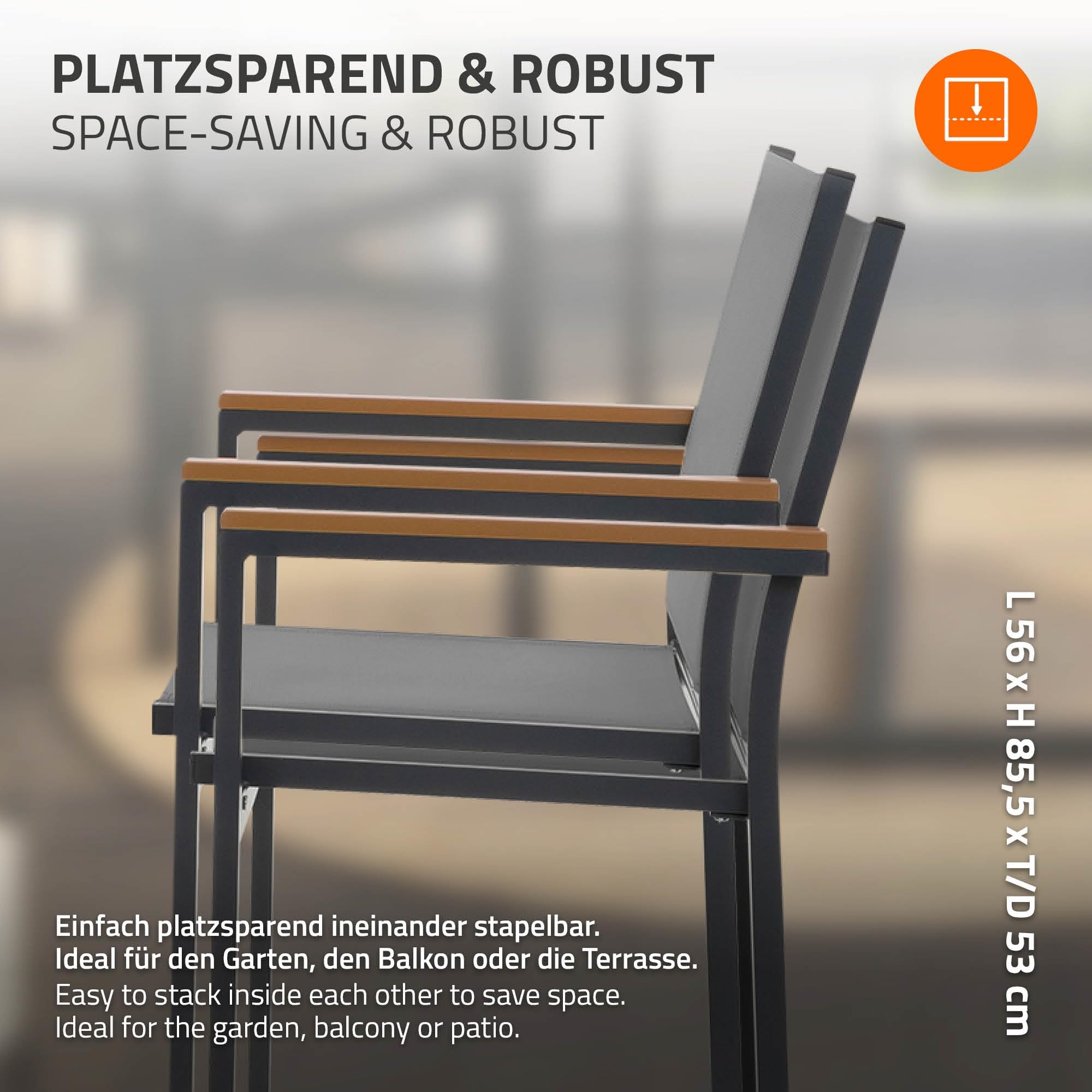 ML-Design Juego 2X Sillas de Jardín Gris Oscuro Asiento de Textilene para Terraza, Aspecto Madera y Estructura de Aluminio con Reposabrazos y Respaldo Mueble Apliable Resistente a la Intemperie